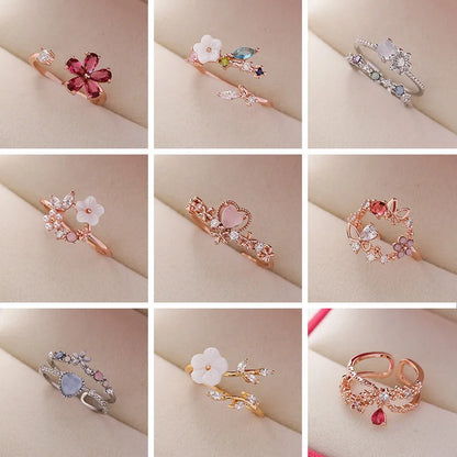Sakura Flower Crystal Open Ring