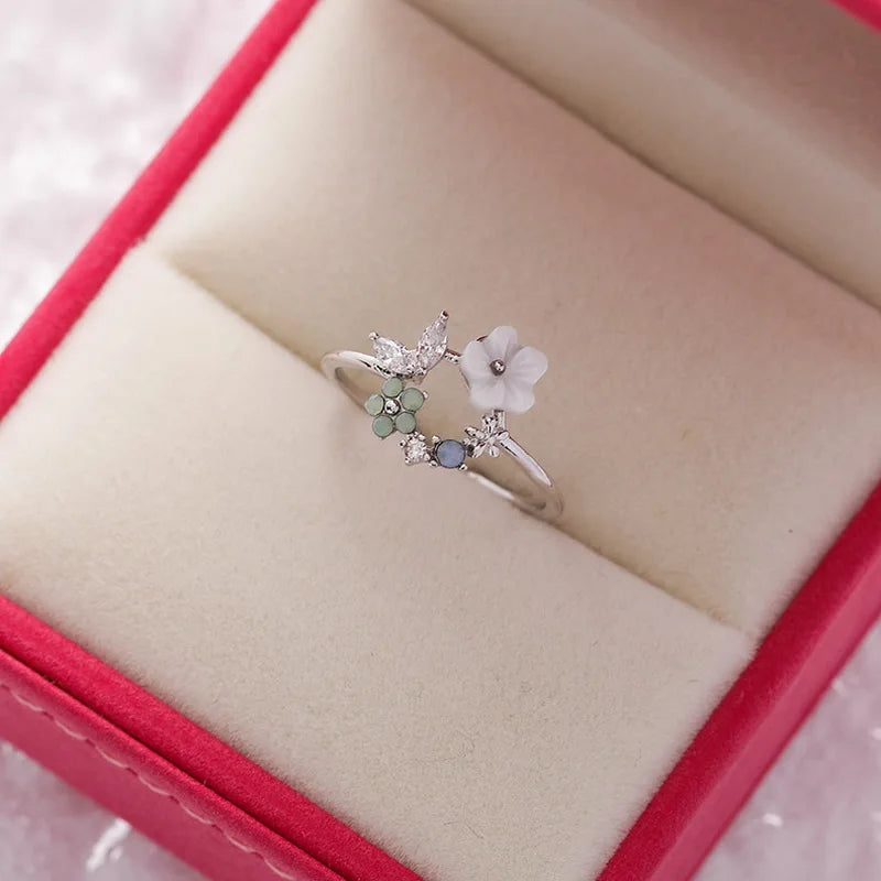 Sakura Flower Crystal Open Ring