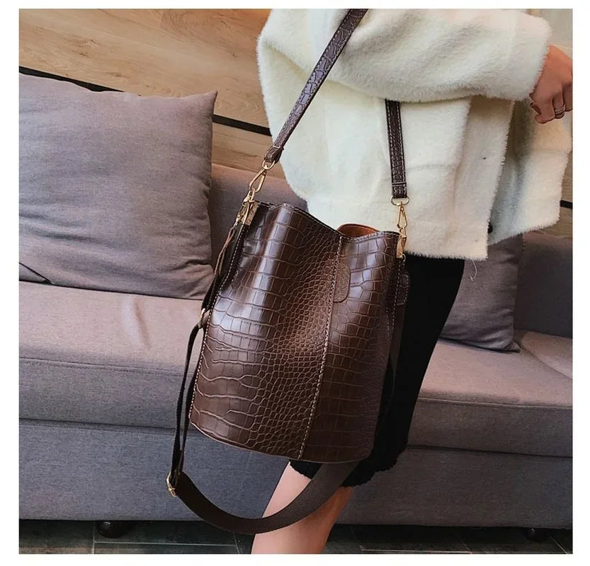 Stone Textured Leather Bucket Bag