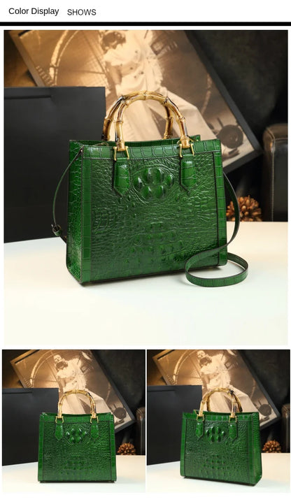 Bamboo Handle Crocodile Embossed Tote