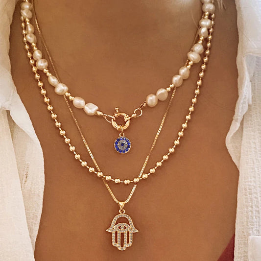 Multilayer Evil Eye Pearl Necklace