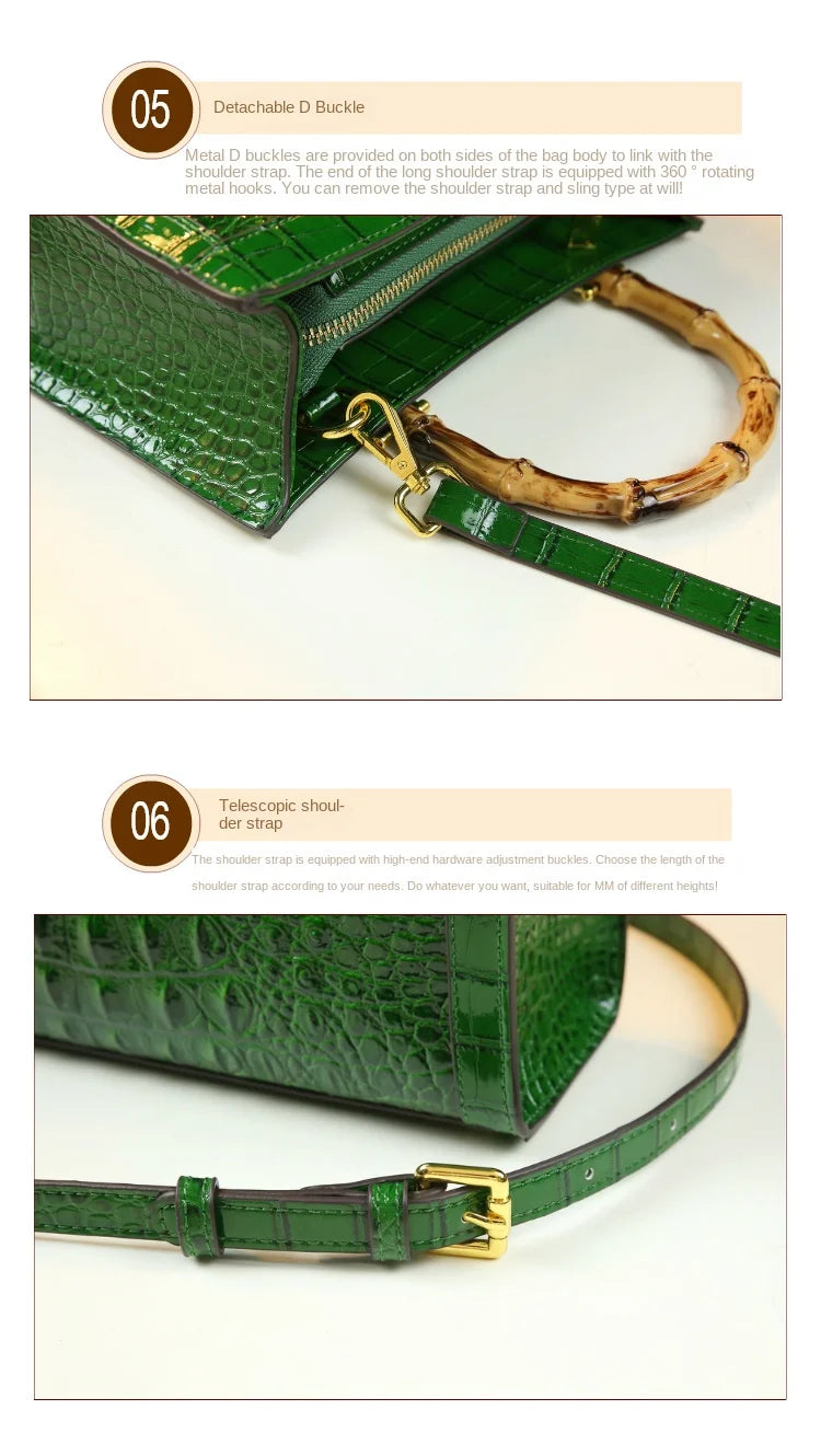 Bamboo Handle Crocodile Embossed Tote