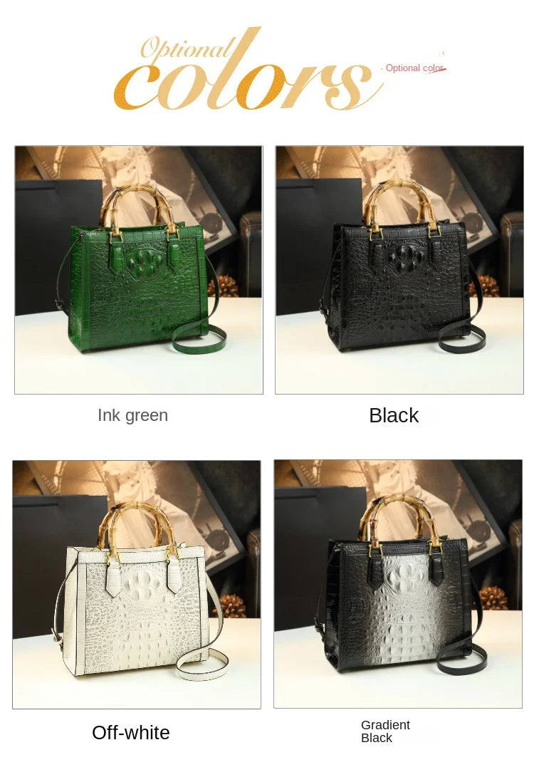 Bamboo Handle Crocodile Embossed Tote