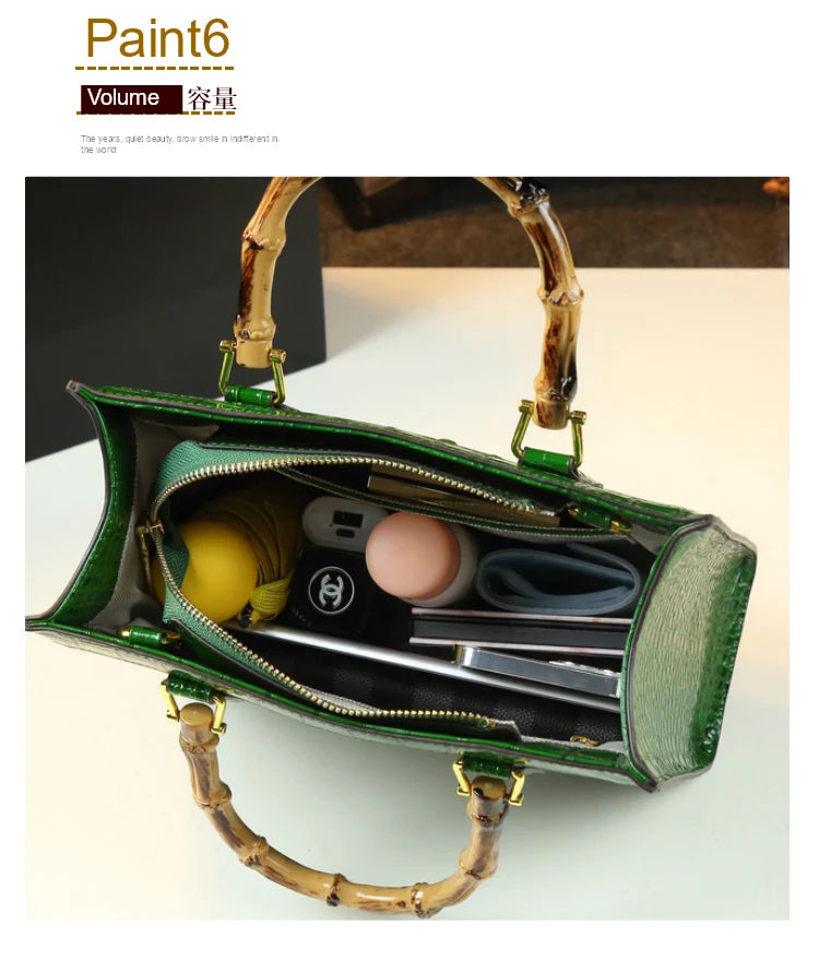 Bamboo Handle Crocodile Embossed Tote