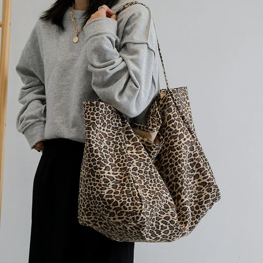 Leopard Motif Canvas Statement Tote