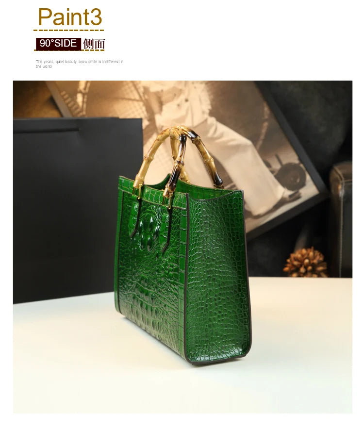 Bamboo Handle Crocodile Embossed Tote