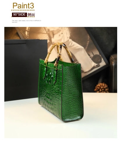 Bamboo Handle Crocodile Embossed Tote