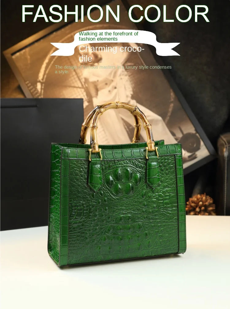 Bamboo Handle Crocodile Embossed Tote