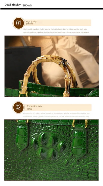 Bamboo Handle Crocodile Embossed Tote