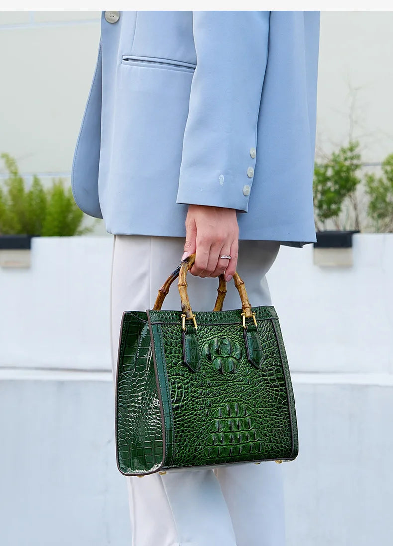 Bamboo Handle Crocodile Embossed Tote