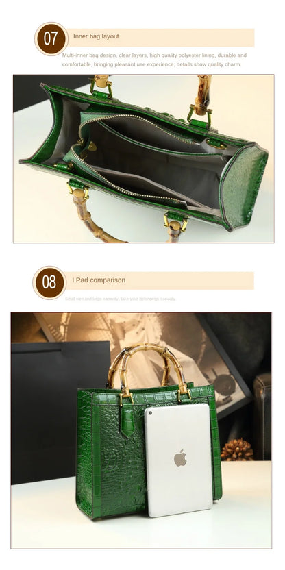 Bamboo Handle Crocodile Embossed Tote