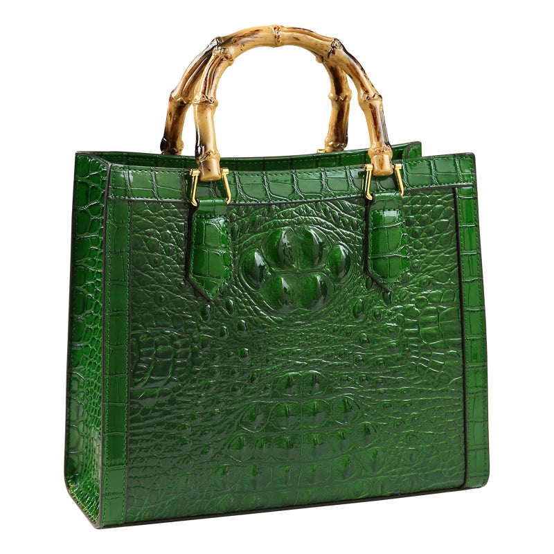 Bamboo Handle Crocodile Embossed Tote