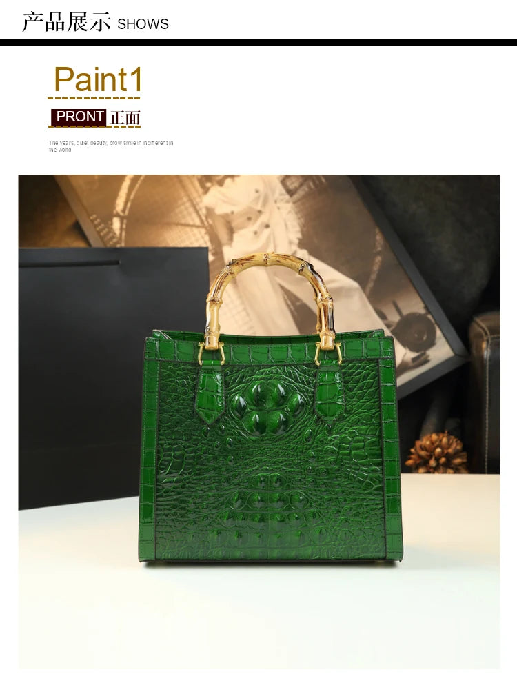 Bamboo Handle Crocodile Embossed Tote