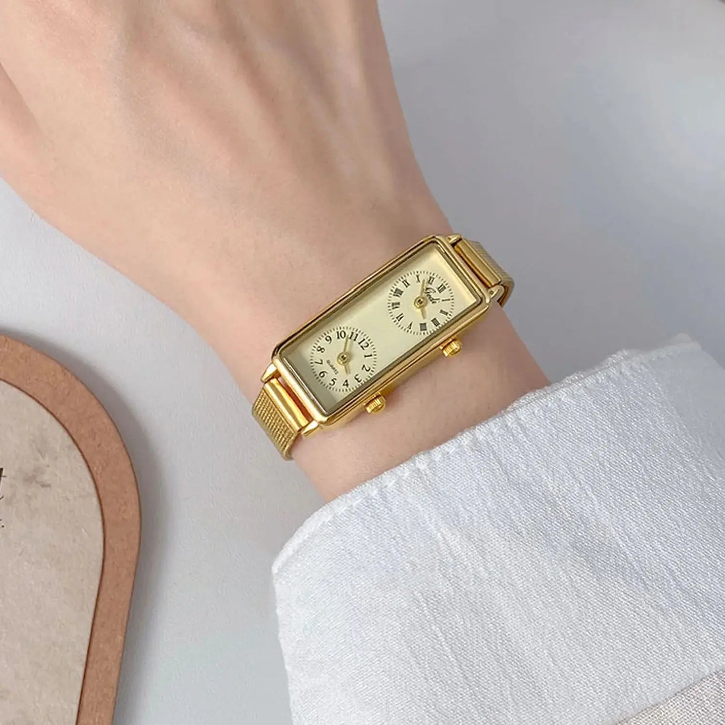 Dual-Movement Retro Square Quartz Watch
