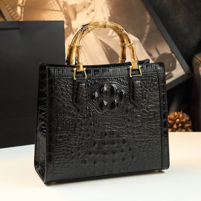 Bamboo Handle Crocodile Embossed Tote