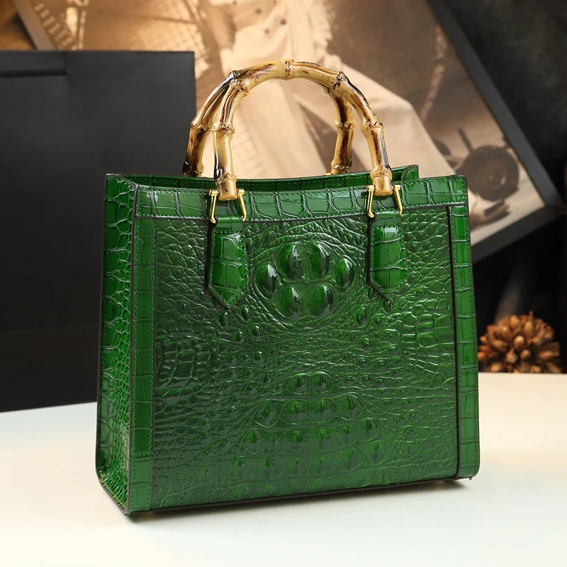 Bamboo Handle Crocodile Embossed Tote