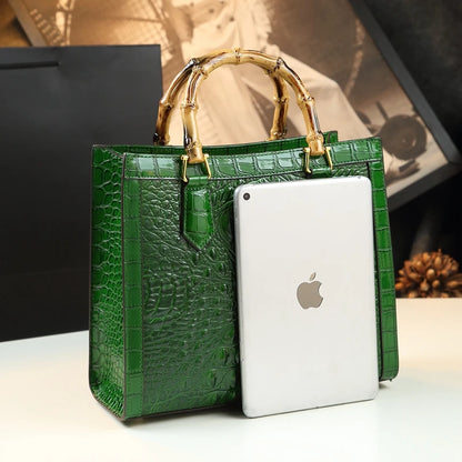 Bamboo Handle Crocodile Embossed Tote