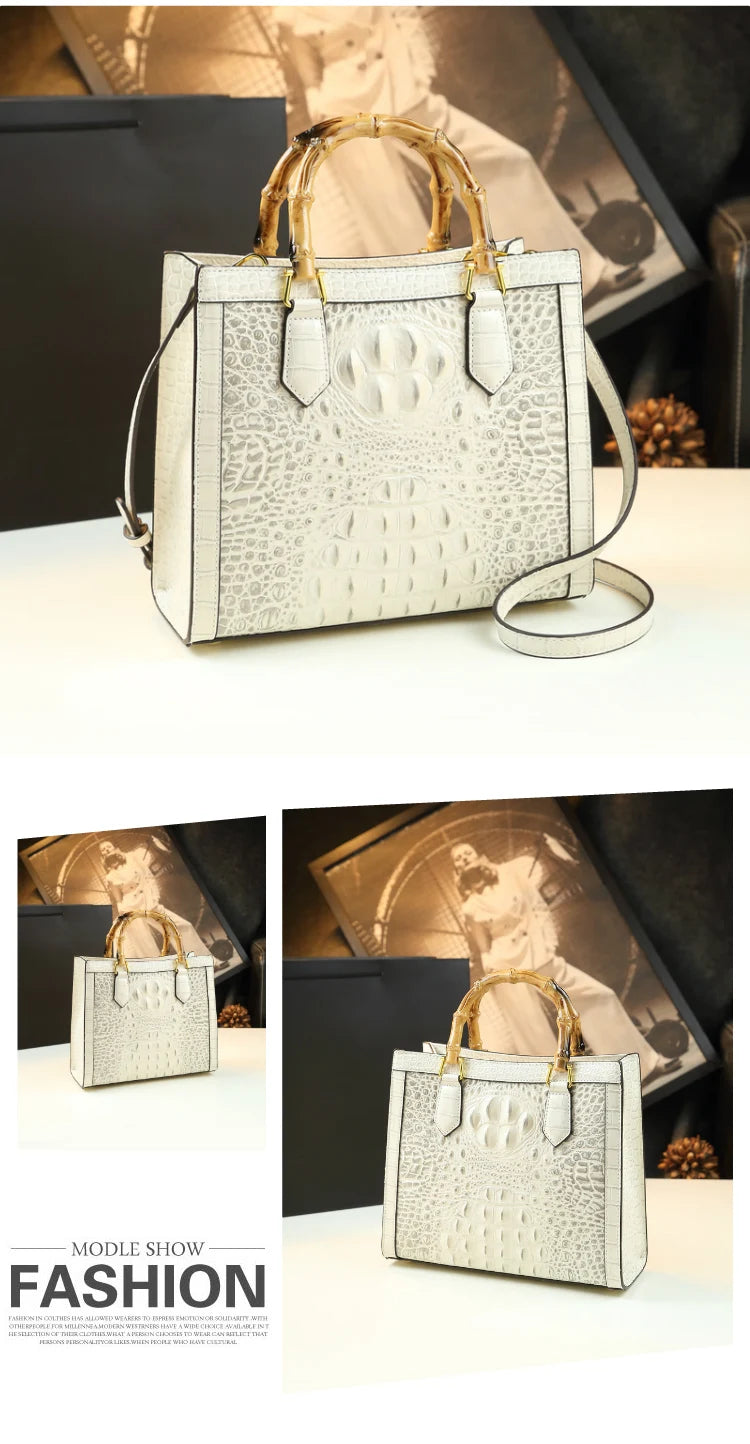 Bamboo Handle Crocodile Embossed Tote