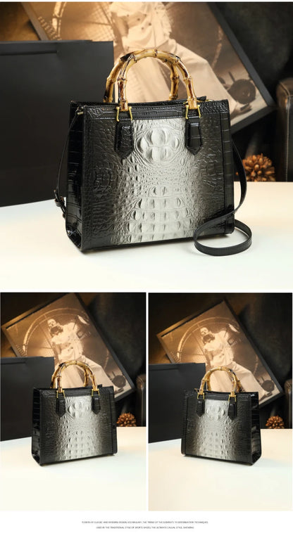 Bamboo Handle Crocodile Embossed Tote