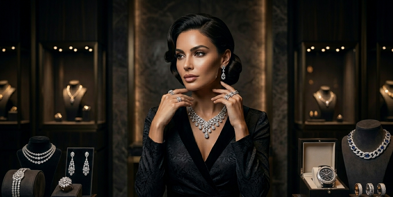 Woman wearing a diamond necklace in a jewelry store setting